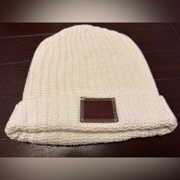 White Love Your Melon cuffed beanie with brown patch. - Picture 4 of 6
